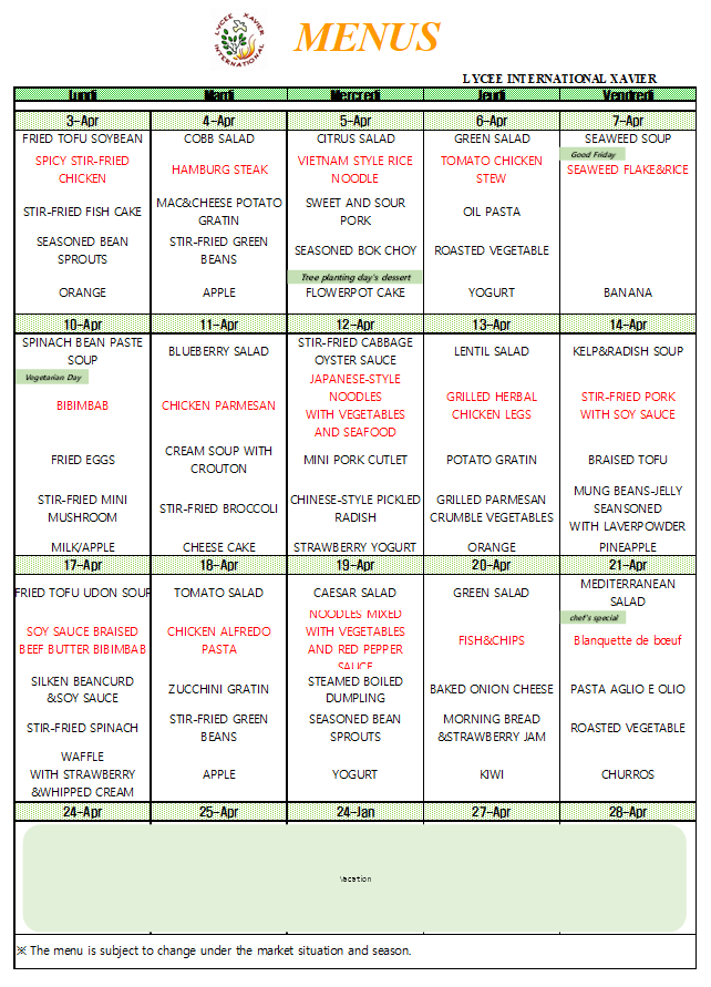Lycee International Xavier Cafeteria Menu_April.2023